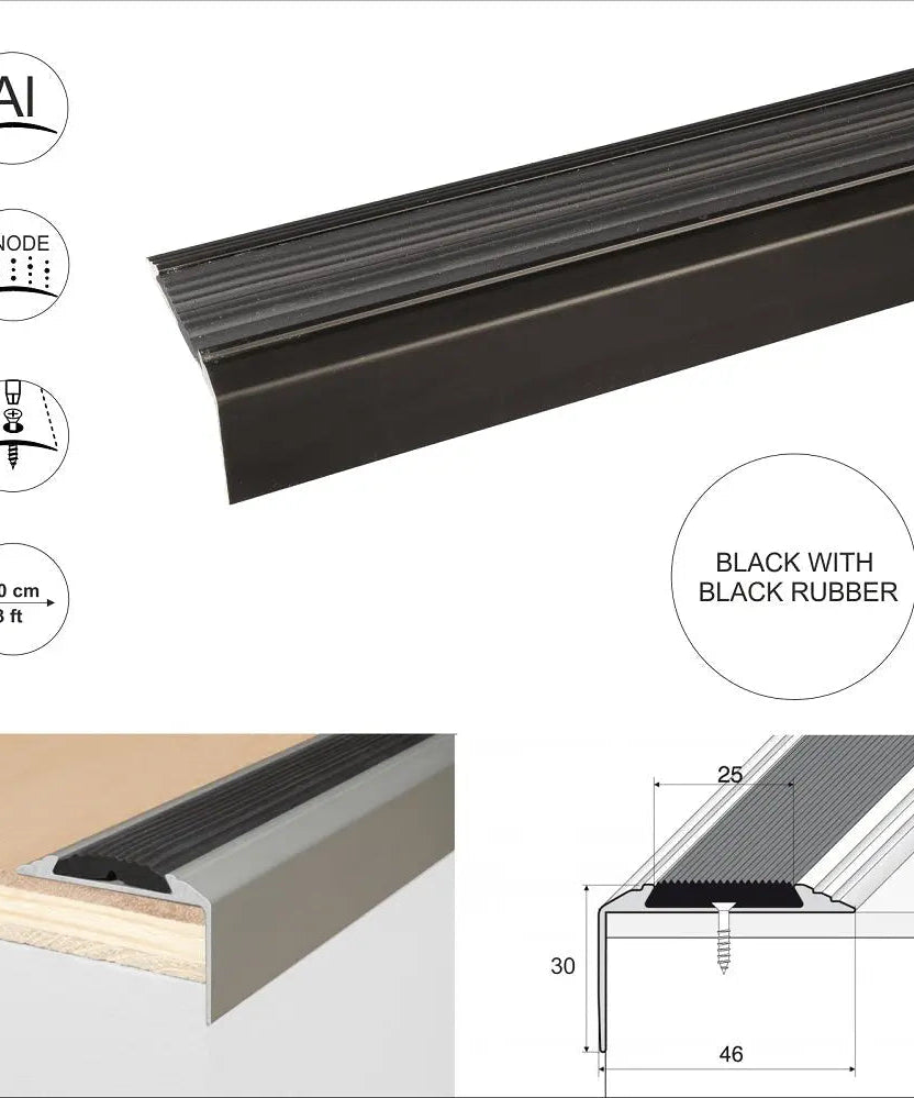 15 Pack Black A38 0.9m x 46mm x 30mm Screw Fit Anodised Aluminium Non Slip Stair Nosing With Black Rubber - Company