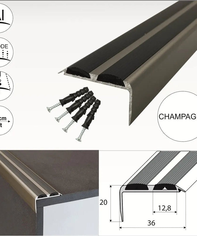 15 Pack Champagne A37 0.9m x 36mm x 20mm Screw Fit Anodised Aluminium Non Slip Stair Nosing With Black Rubber - Company
