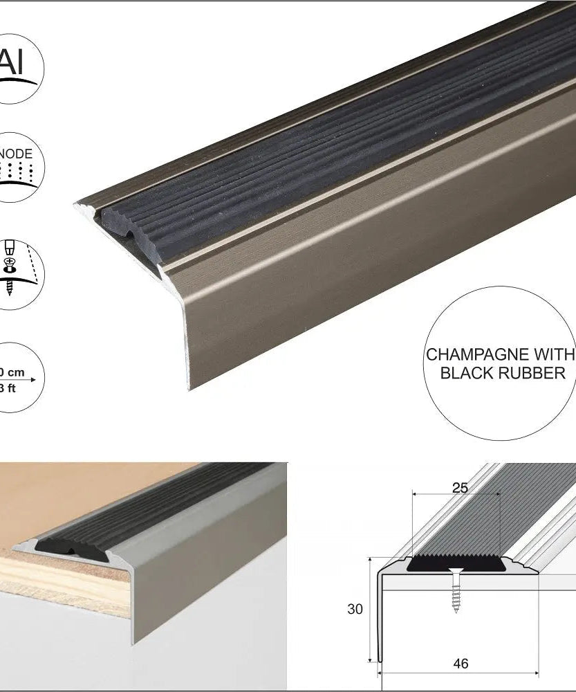 15 Pack Champagne A38 0.9m x 46mm x 30mm Screw Fit Anodised Aluminium Non Slip Stair Nosing With Black Rubber - Company