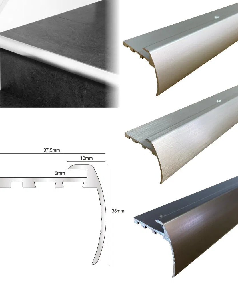 TVB 37.5 x 35mm Anodised Aluminium Bull Nose LVT Stair nosing Edge Profile For 5mm Flooring Stair Nosing etc